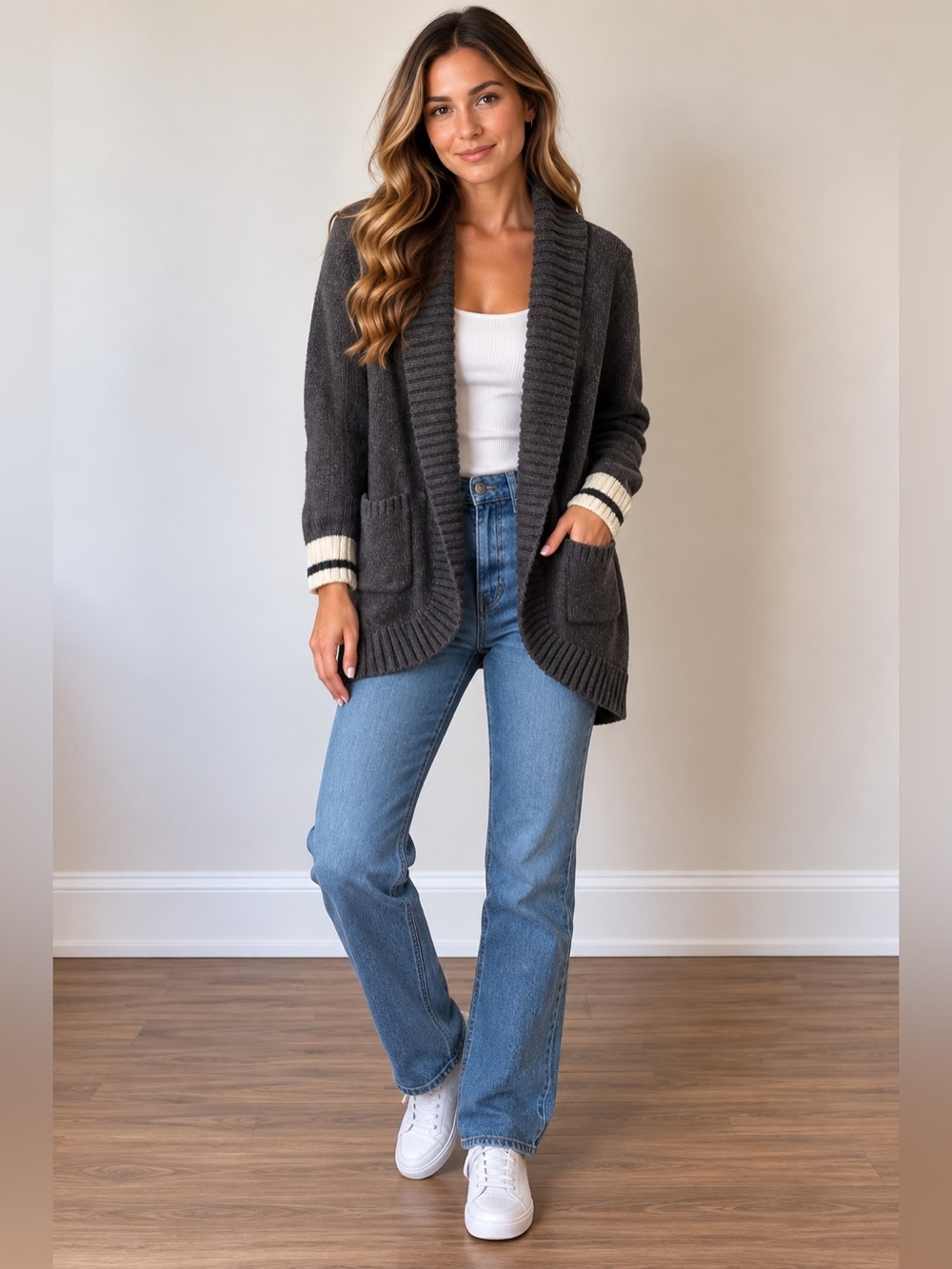 Roots Charcoal Shawl-Collar Open Cardigan